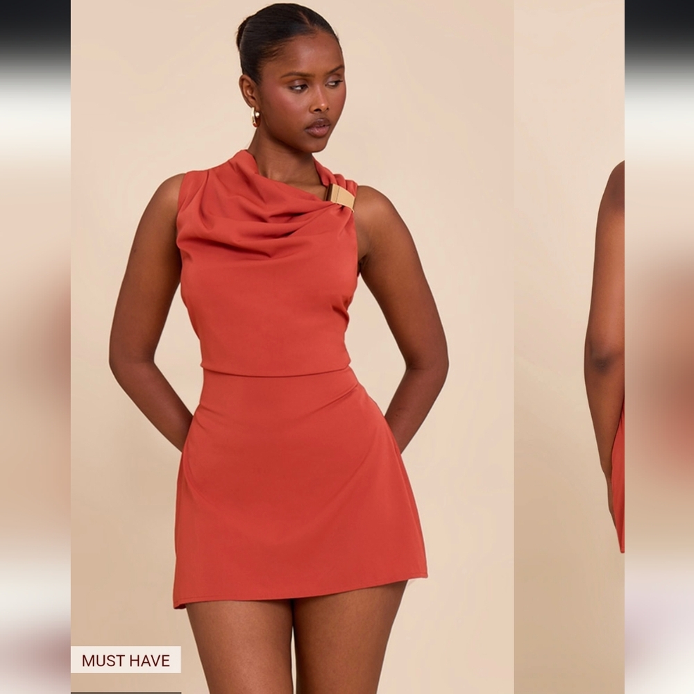 PrettyLittleThing Burnt Orange Trim Shift Mini Dress- 10